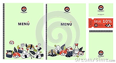 Cute kawaii Sushi family, rolls. Vector corporate identity of the restaurant, sushi bar, menu sale card, coupon Vector Illustration