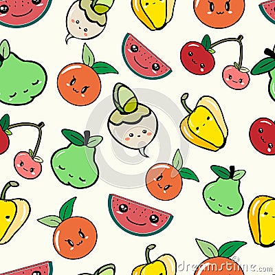 Cute Kawaii vegetables and fruits seamless pattern background wallpaper Stock Photo
