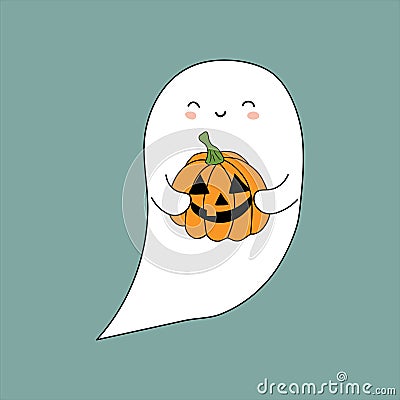 Cute kawaii white ghost with sweet funny face holding Jack o lantern pumpkin flying in the air. Holiday card template design Vector Illustration