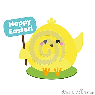 Cute kawaii yellow chicken holding greeting banner. Easter symbol Vector Illustration