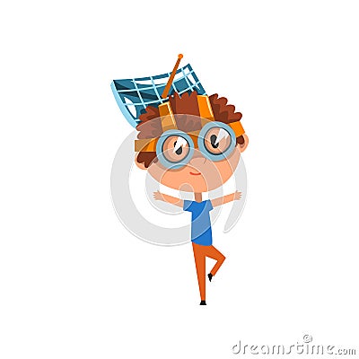 Cute kid with antenna oh his head, scientist boy character working on physics science experiment vector Illustration on Vector Illustration