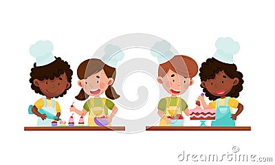 Cute kid chef characters set. Cheerful children little baking cupcakes and cake in kitchen cartoon vector illustration Vector Illustration