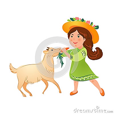 Cute kid girl in green dress with hat give carrot to goat Vector Illustration