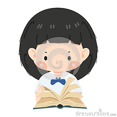 Cute Kid girl students reading a book Vector Illustration