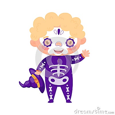 Cute kid in Halloween skeleton costume. Vector Vector Illustration