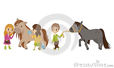 Cute Kid Taking Care of Their Horses Washing with Sponge and Walking with It Vector Set Vector Illustration