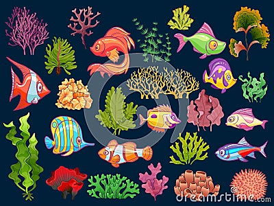 Cute kid underwater set. Aquarium baby fish and seaweed in water for children isolated vector collection Vector Illustration