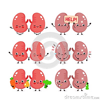 Cute kidneys set.Healthy and unhealthy organ Vector Illustration