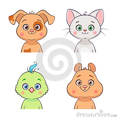 Pets animals dog, cat, parrot, hamster Vector Illustration