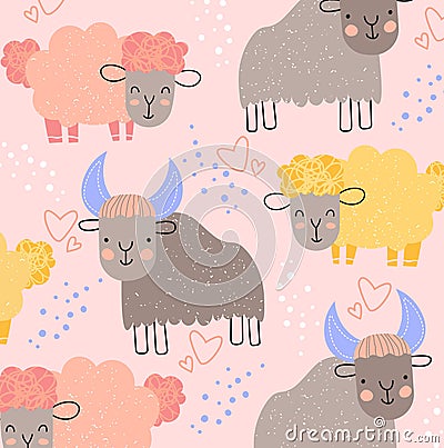 Cute kids background pattern of farmyard animals with woolly sheep and cows with horns on a pale pink background with Vector Illustration