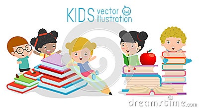 Cute kids and books,cute children reading books, Happy Children while Reading Books, back to school Vector Illustration