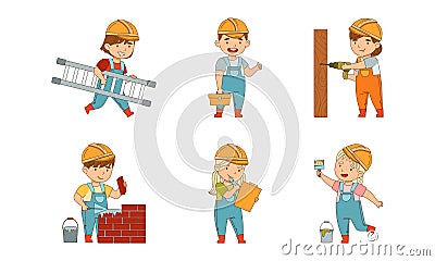Cute kids builders set. Children wearing overalls and hard hats drilling, painting walls and laying bricks cartoon Vector Illustration