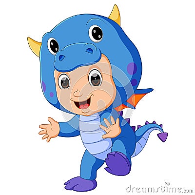 Cute kids cartoon wearing dragon costume Vector Illustration