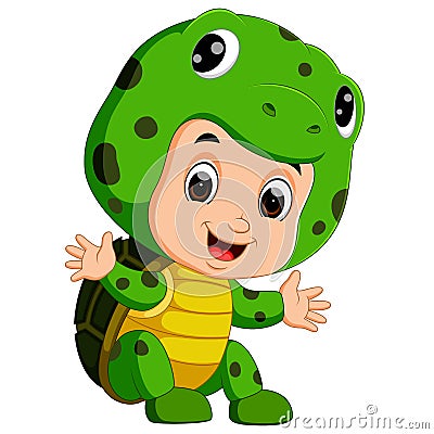 Cute kids cartoon wearing turtle costume Vector Illustration