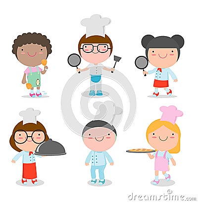 Cute Kids Chef on white background, set of Children Cooking, child chef cute,Vector illustration. Vector Illustration