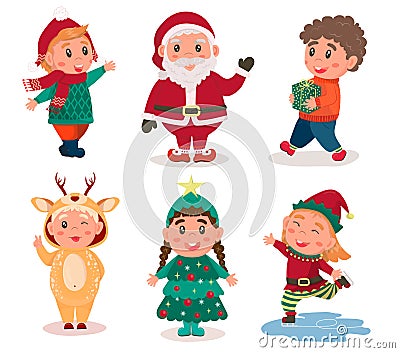 cute kids in Christmas costumes of a tree, deer, elf. the child carries gifts Vector Illustration