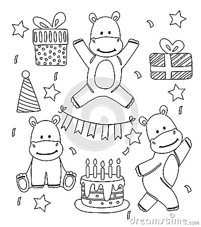 Cute kids coloring book with a funny Hippo. Vector Illustration
