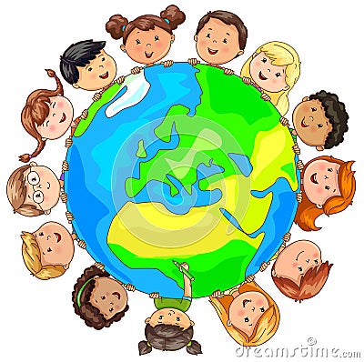 Cute kids different nationalities around planet Earth Vector Illustration