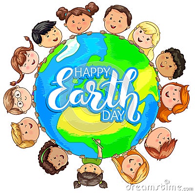 Cute kids different nationalities hold planet on happy Earth day Vector Illustration