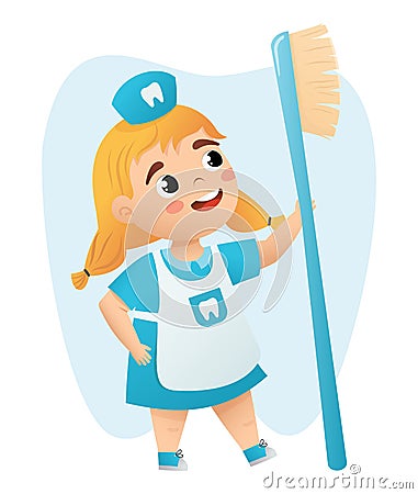 Cute Kids doctor teeth with a toothbrush Vector Vector Illustration