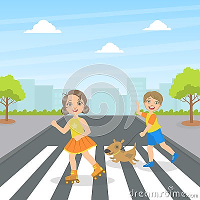 Cute Kids and Dog Using Cross Walk to Cross Street, Children Walking on the Street Vector Illustration Vector Illustration