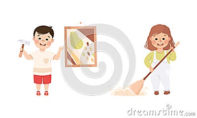 Cute kids doing housework chores set. Little boy hanging painting on wall, girl mopping the floor cartoon vector Vector Illustration