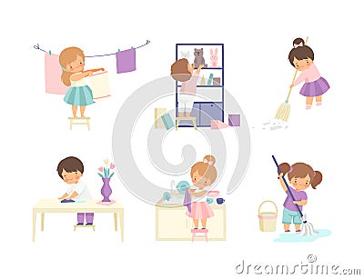 Cute kids doing housework chores set. Little boys and girls sweeping and mopping floor, washing dishes cartoon vector Cartoon Illustration