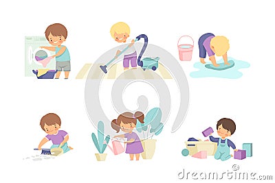 Cute kids doing housework chores set. Little boys and girls sweeping and mopping floor, washing dishes cartoon vector Vector Illustration