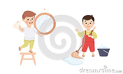Cute kids doing housework chores set. Little boys wiping mirror and mopping floor cartoon vector illustration Vector Illustration