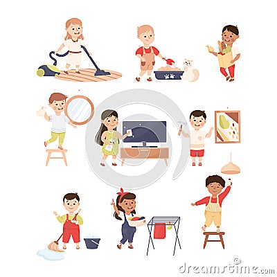 Cute Kids Doing Housework and Housekeeping Vacuum Cleaning and Mopping Floor Vector Set Vector Illustration