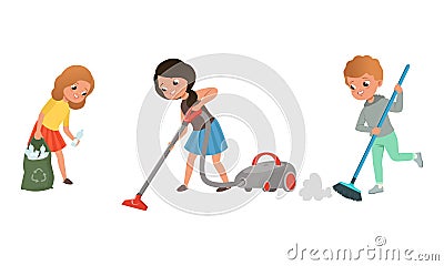 Cute Kids Doing Housework Set, Children Collecting Plastic Waste and Cleaning Floor Cartoon Style Vector Illustration Vector Illustration