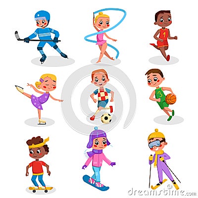 Cute Kids Doing Various Kinds of Sports Set, Boys and Girls Running, Scating, Sking, Playing Hockey, Basketball, Soccer Vector Illustration