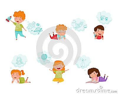Cute kids dreaming with speech bubbles over their heads set cartoon vector illustration Cartoon Illustration