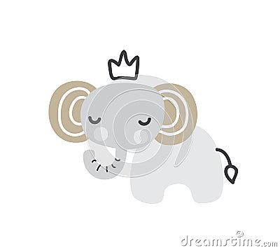 Cute kids elephant with crown. Scandinavian style. Baby illustration. Design for birthday invitation or baby shower Vector Illustration