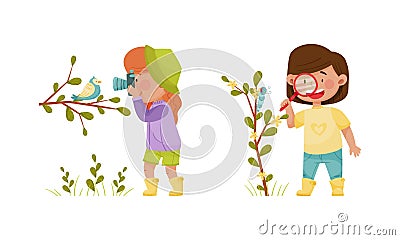 Cute kids exploring animals in forest or park set. Nature lovers photographing and looking through magnifying glass Vector Illustration