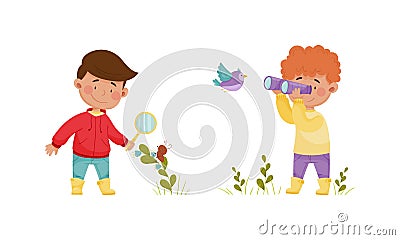 Cute kids exploring birds in forest or park set. Nature lovers watching birds through magnifying glass and binoculars Vector Illustration
