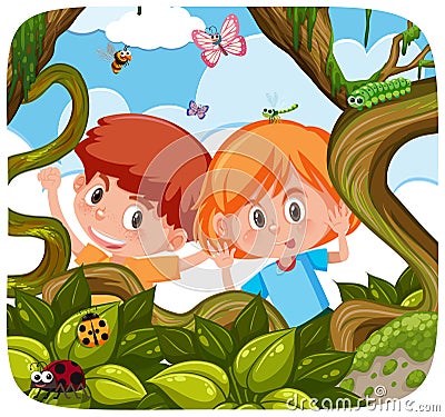 Cute kids exploring the nature Vector Illustration