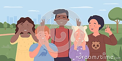 Cute kids friends with jokes and funny gestures standing together in green city park Vector Illustration