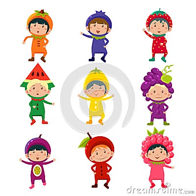 Cute Kids in Fruit and Berry Costumes Vector Vector Illustration