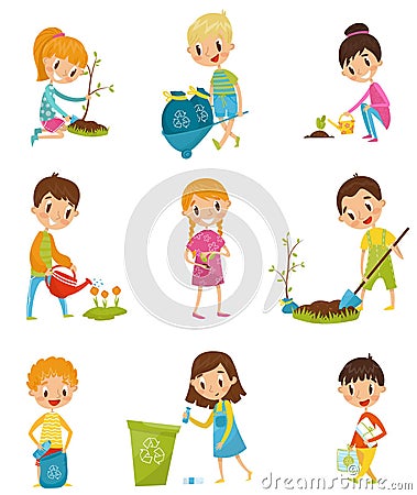 Cute kids gardening and picking up garbage set, boys and girls planted and watering young trees vector Illustrations on Vector Illustration