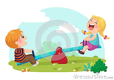 Cute kids having fun on seesaw at playground Vector Illustration