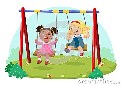 Cute kids having fun on swing in playground Vector Illustration
