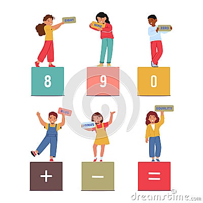 Cute Kids Holding Numbers Eight, Nine, Zero And Signs Plus, Minus Or Equal. Visual Math Learning, Vector Illustration Vector Illustration