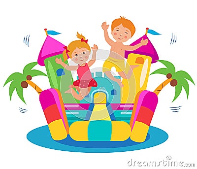 Cute Kids Jumping On A Bouncy Castle Set. Vector Illustration