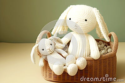 cute kids knitted toys little white bunny with baby nile Stock Photo