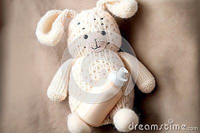 cute kids knitted toys little white bunny with baby nipple Stock Photo