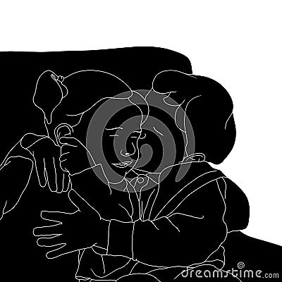 Cute kids lovely bonding, small babies sitting on the sofa, the silhouette of people for friendship day. hand-drawn character Vector Illustration