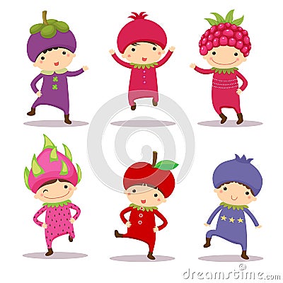 Cute kids in mangosteen, pomegranate, raspberry, dragon fruit, a Vector Illustration