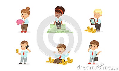 Cute Kids Millionaires Set, Rich Happy Little Children Having Lot of Money, Savings, Finance, Richness Cartoon Vector Vector Illustration