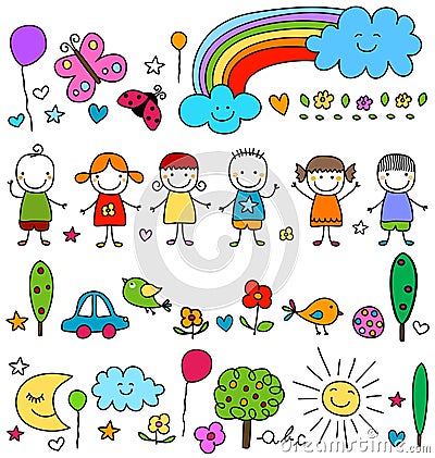 Cute kids and nature elements pattern Vector Illustration